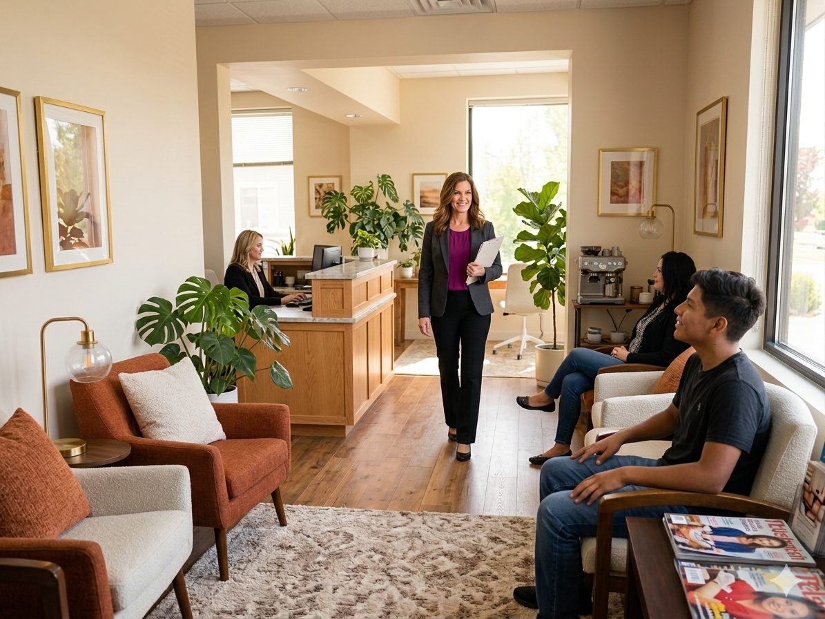 Janae welcoming a patient to her Los Alamitos psychiatry practice